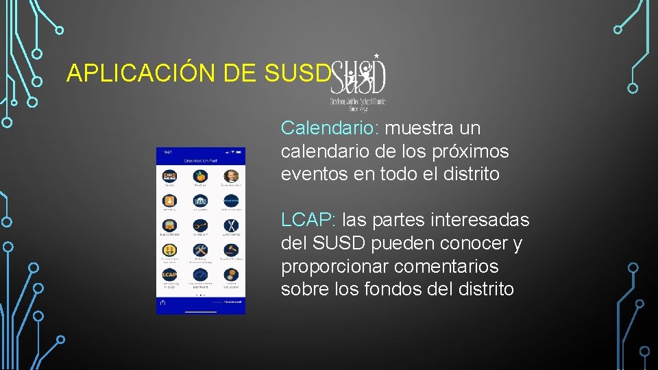 APLICACIÓN DE SUSD Calendario: muestra un calendario de los próximos eventos en todo el