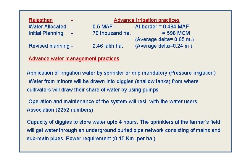Rajasthan Water Allocated Initial Planning Revised planning - Advance Irrigation practices 0. 5 MAF