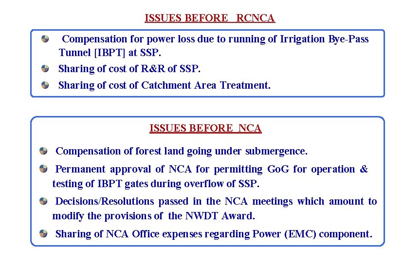 ISSUES BEFORE RCNCA Compensation for power loss due to running of Irrigation Bye-Pass Tunnel