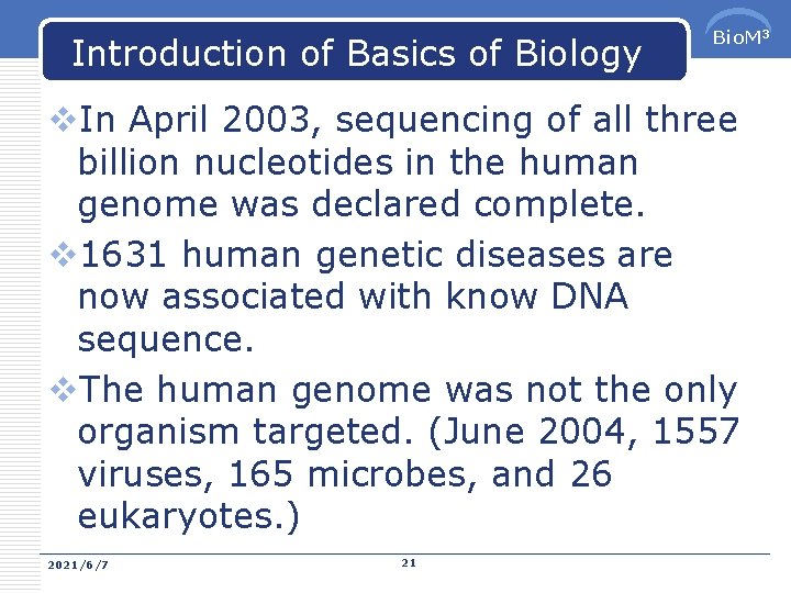 Introduction of Basics of Biology Bio. M 3 v. In April 2003, sequencing of