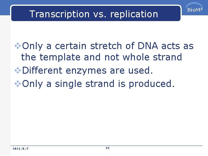 Transcription vs. replication Bio. M 3 v. Only a certain stretch of DNA acts