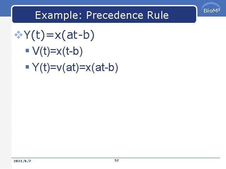 Example: Precedence Rule v. Y(t)=x(at-b) § V(t)=x(t-b) § Y(t)=v(at)=x(at-b) 2021/6/7 57 Bio. M 3