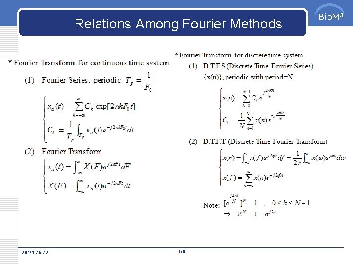 Relations Among Fourier Methods 2021/6/7 60 Bio. M 3 