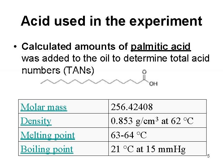 Acid used in the experiment • Calculated amounts of palmitic acid was added to