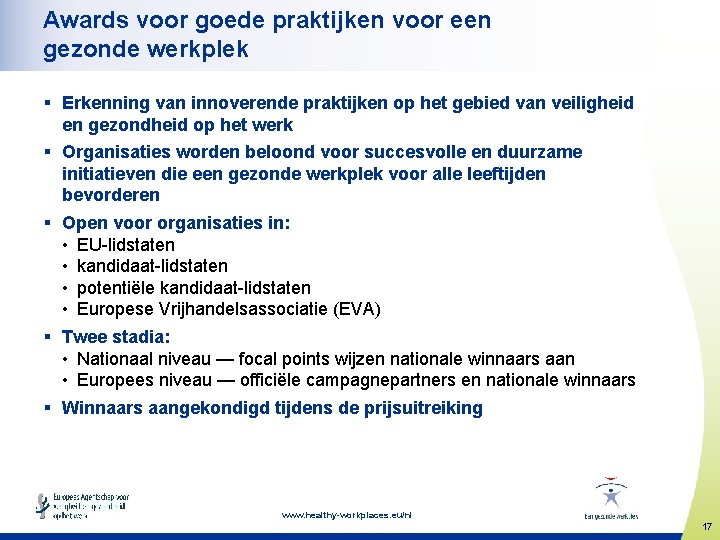 Awards voor goede praktijken voor een gezonde werkplek § Erkenning van innoverende praktijken op