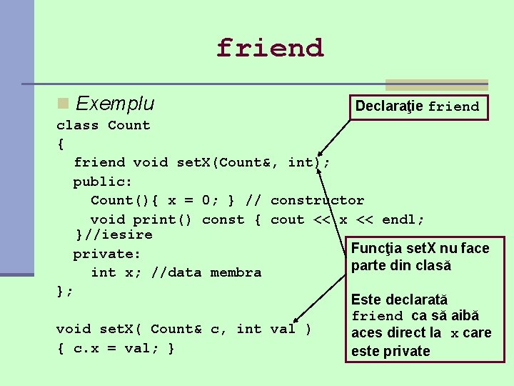 friend n Exemplu Declaraţie friend class Count { friend void set. X(Count&, int); public: