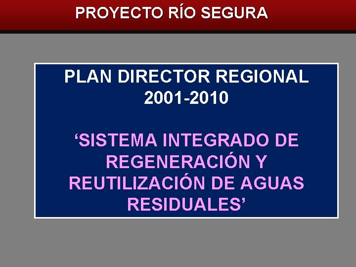 PROYECTO RÍO SEGURA PLAN DIRECTOR REGIONAL 2001 -2010 ‘SISTEMA INTEGRADO DE REGENERACIÓN Y REUTILIZACIÓN