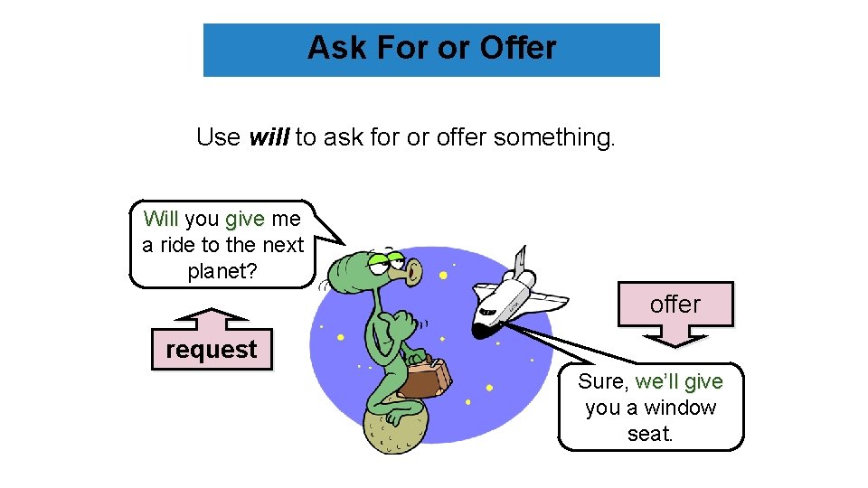 Ask For or Offer Use will to ask for or offer something. Will you