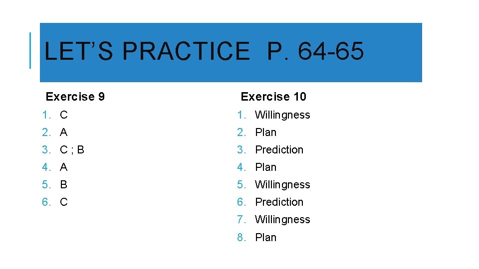 LET’S PRACTICE P. 64 -65 Exercise 9 Exercise 10 1. C 1. Willingness 2.