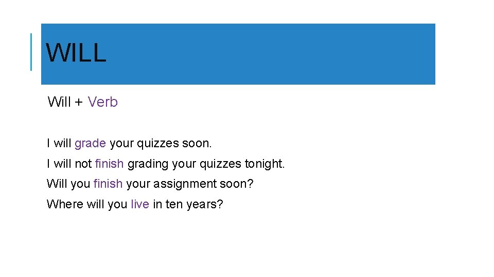 WILL Will + Verb I will grade your quizzes soon. I will not finish