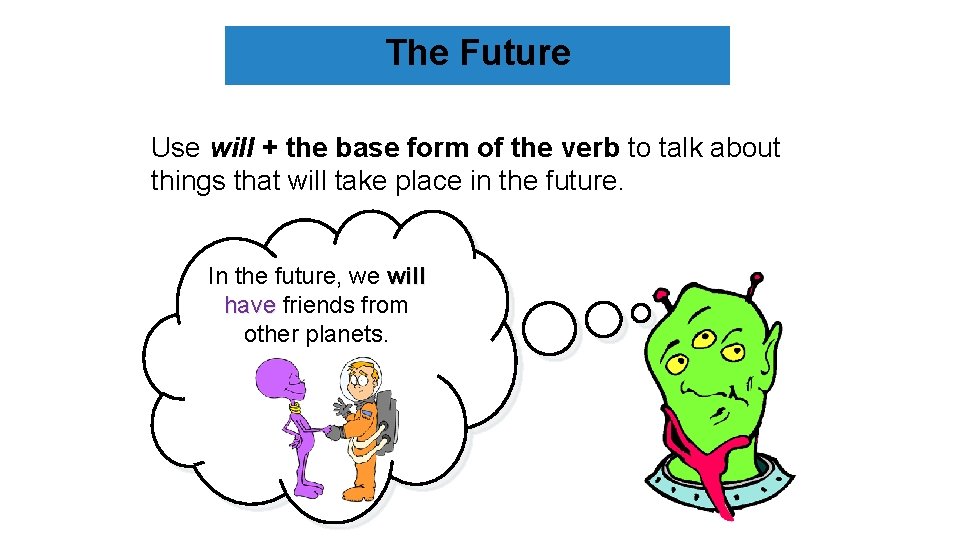 The Future Use will + the base form of the verb to talk about