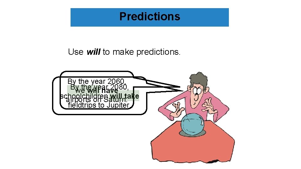 Predictions Use will to make predictions. By the year 2060, Bywe the year 2080,