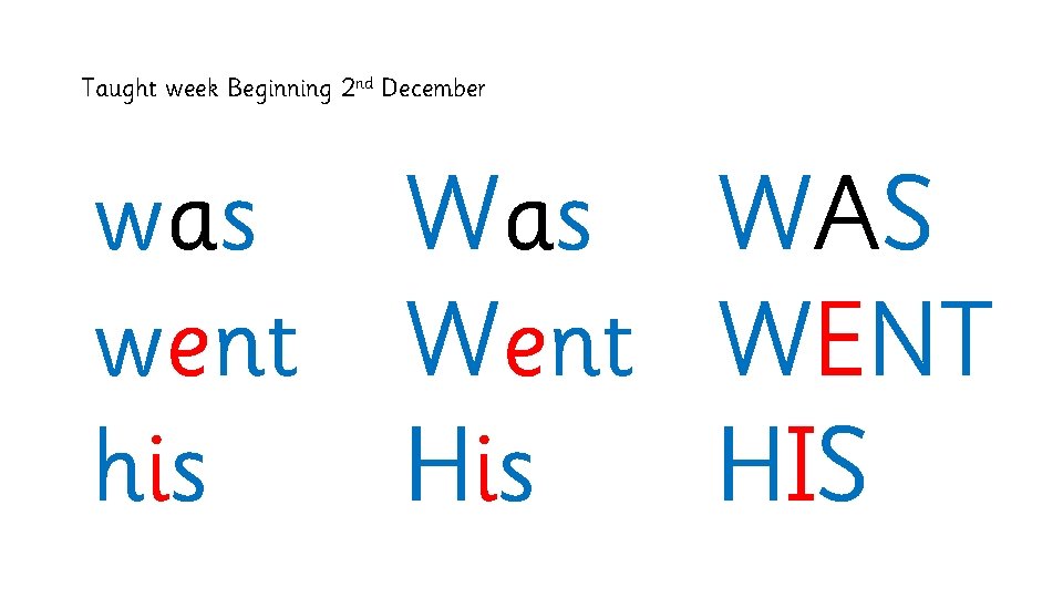 Taught week Beginning 2 nd December was WAS went WENT his HIS 