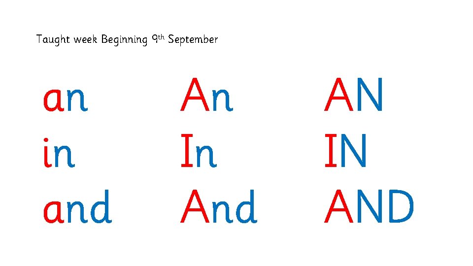 Taught week Beginning 9 th September an in and An In And AN IN