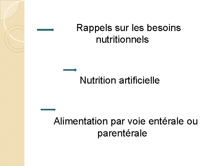 Rappels sur les besoins nutritionnels Nutrition artificielle Alimentation par voie entérale ou parentérale 