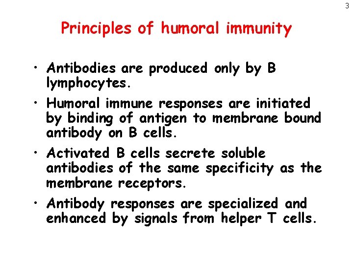 3 Principles of humoral immunity • Antibodies are produced only by B lymphocytes. •