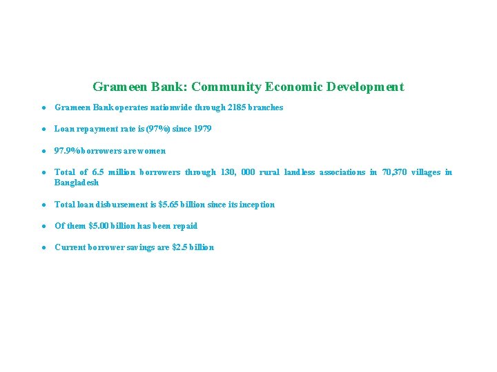 Grameen Bank: Community Economic Development Grameen Bank operates nationwide through 2185 branches Loan repayment Grameen Bank: Community Economic Development Grameen Bank operates nationwide through 2185 branches Loan repayment