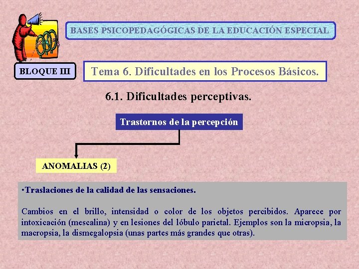 BASES PSICOPEDAGÓGICAS DE LA EDUCACIÓN ESPECIAL BLOQUE III Tema 6. Dificultades en los Procesos