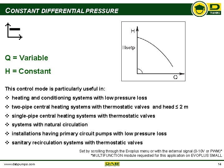 CONSTANT DIFFERENTIAL PRESSURE Q = Variable H = Constant This control mode is particularly