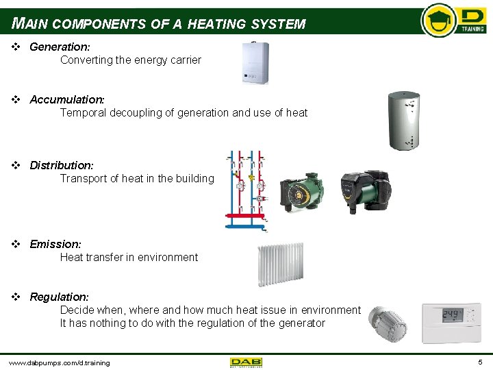 MAIN COMPONENTS OF A HEATING SYSTEM v Generation: Converting the energy carrier v Accumulation: