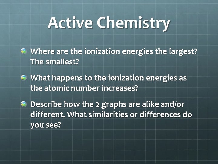 Active Chemistry Where are the ionization energies the largest? The smallest? What happens to