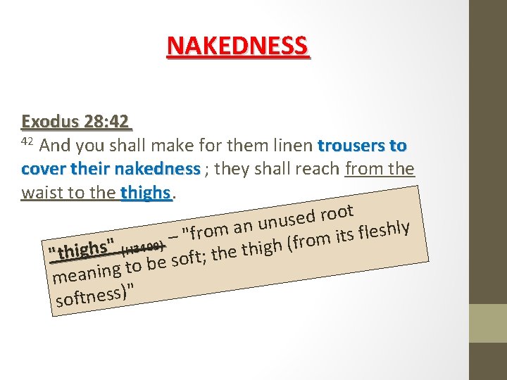 NAKEDNESS Exodus 28: 42 42 And you shall make for them linen trousers to