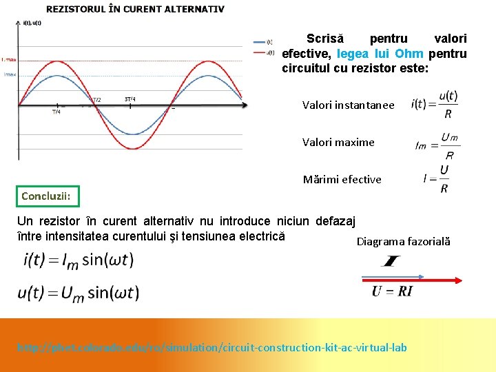 Scrisă pentru valori efective, legea lui Ohm pentru circuitul cu rezistor este: Valori instantanee