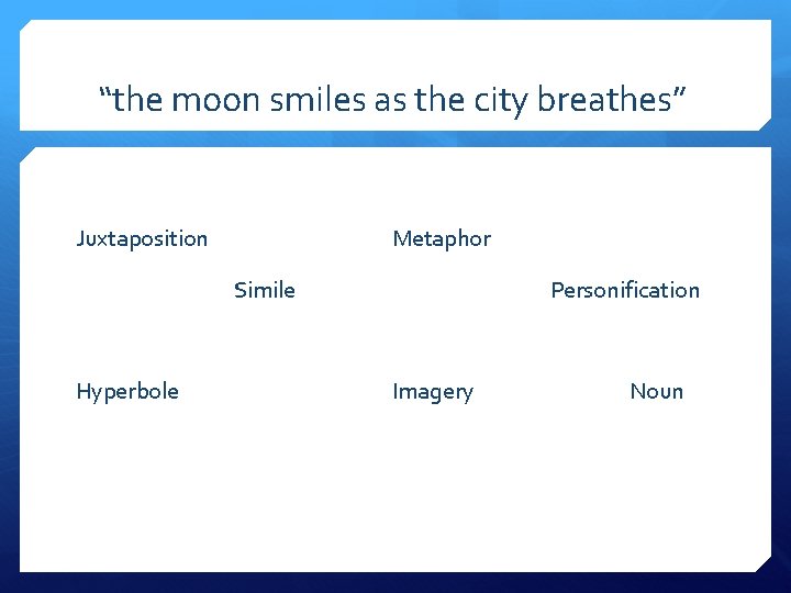“the moon smiles as the city breathes” Juxtaposition Metaphor Simile Hyperbole Personification Imagery Noun