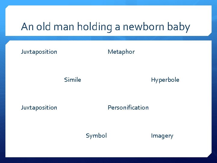 An old man holding a newborn baby Juxtaposition Metaphor Simile Hyperbole Juxtaposition Personification Symbol