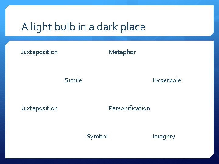 A light bulb in a dark place Juxtaposition Metaphor Simile Hyperbole Juxtaposition Personification Symbol