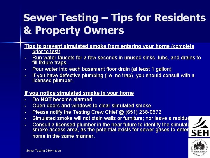 Sewer Testing – Tips for Residents & Property Owners Tips to prevent simulated smoke