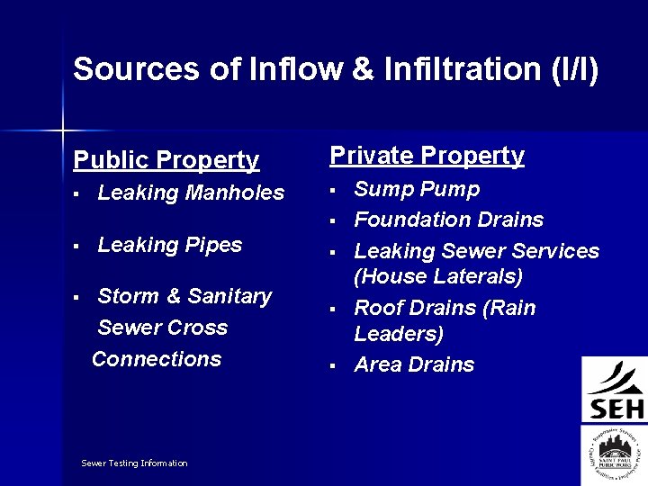 Sources of Inflow & Infiltration (I/I) Public Property § Leaking Manholes Private Property §