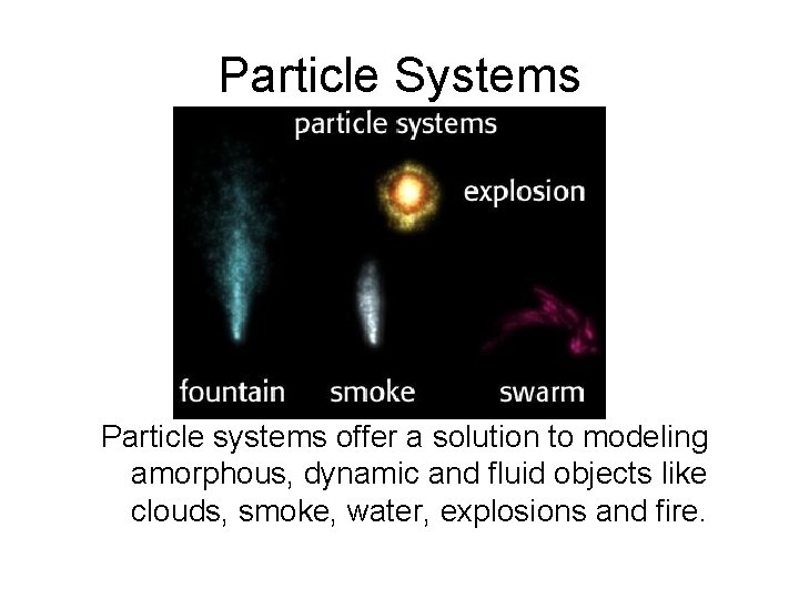 Particle Systems Particle systems offer a solution to modeling amorphous, dynamic and fluid objects