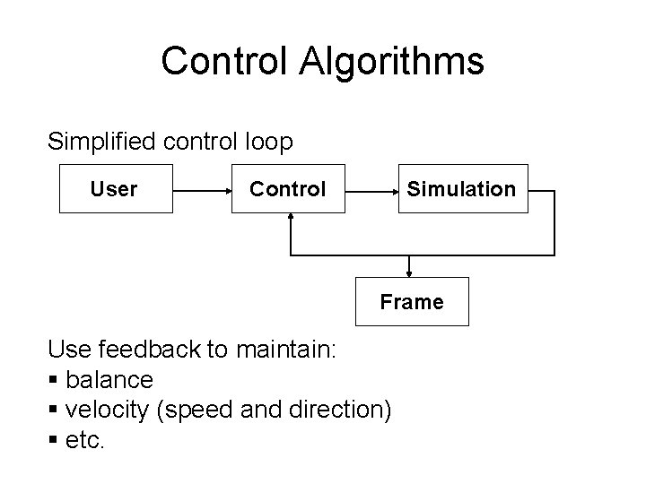 Control Algorithms Simplified control loop User Control Simulation Frame Use feedback to maintain: §