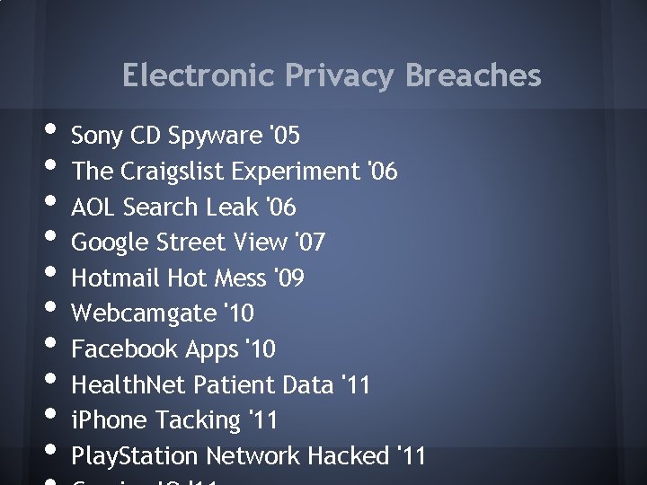 Electronic Privacy Breaches • • • Sony CD Spyware '05 The Craigslist Experiment '06