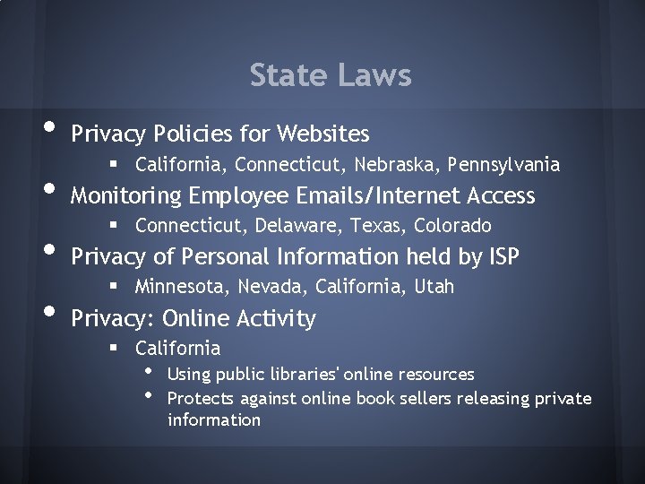 State Laws • • Privacy Policies for Websites § California, Connecticut, Nebraska, Pennsylvania Monitoring