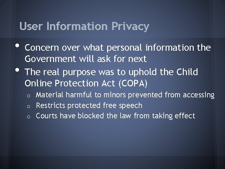 User Information Privacy • • Concern over what personal information the Government will ask