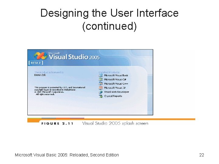 Designing the User Interface (continued) Microsoft Visual Basic 2005: Reloaded, Second Edition 22 