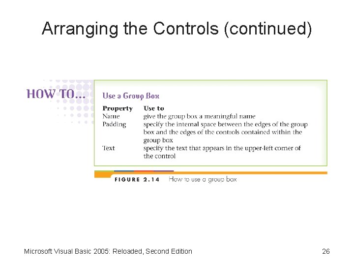 Arranging the Controls (continued) Microsoft Visual Basic 2005: Reloaded, Second Edition 26 