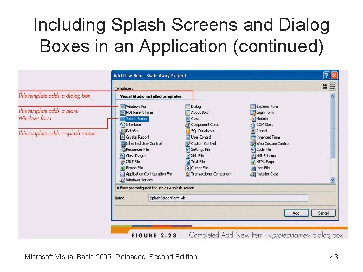 Including Splash Screens and Dialog Boxes in an Application (continued) Microsoft Visual Basic 2005: