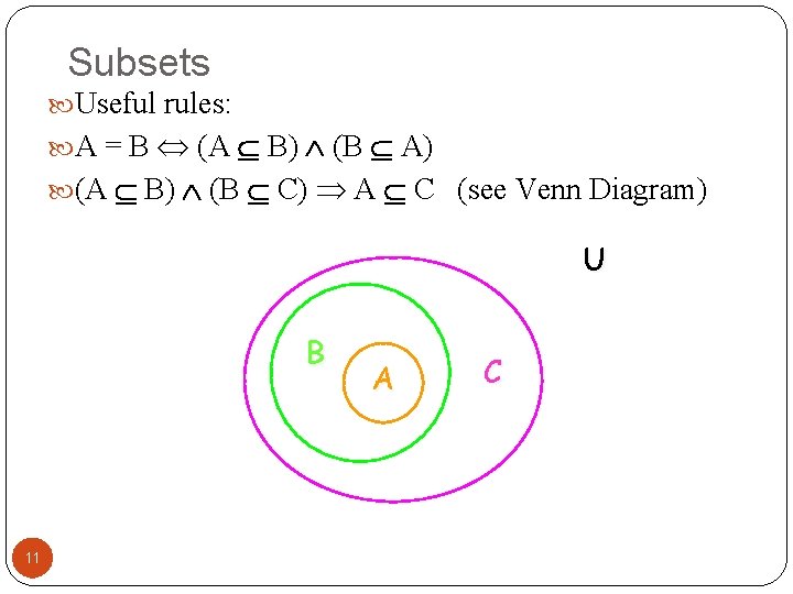 Subsets Useful rules: A = B (A B) (B A) (A B) (B C)
