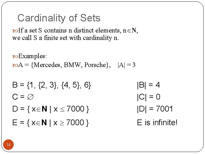 Cardinality of Sets If a set S contains n distinct elements, n N, we