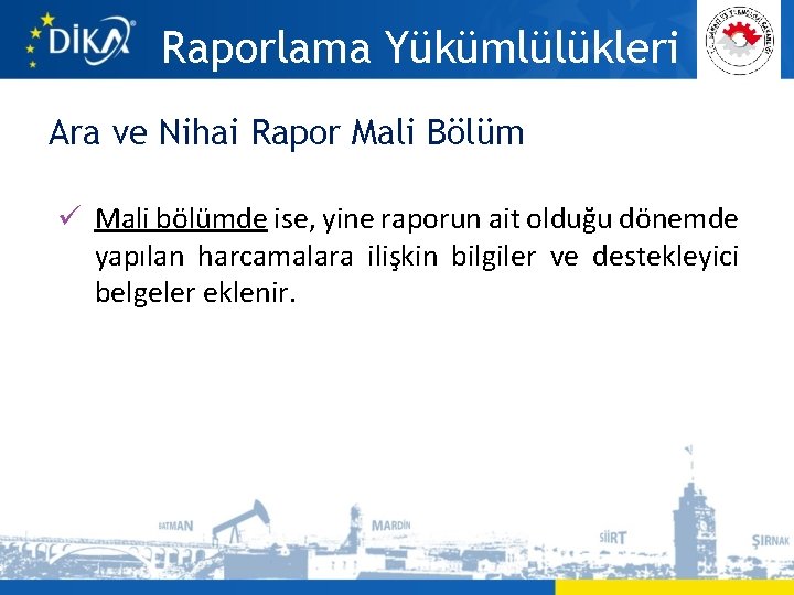 Raporlama Yükümlülükleri Ara ve Nihai Rapor Mali Bölüm ü Mali bölümde ise, yine raporun