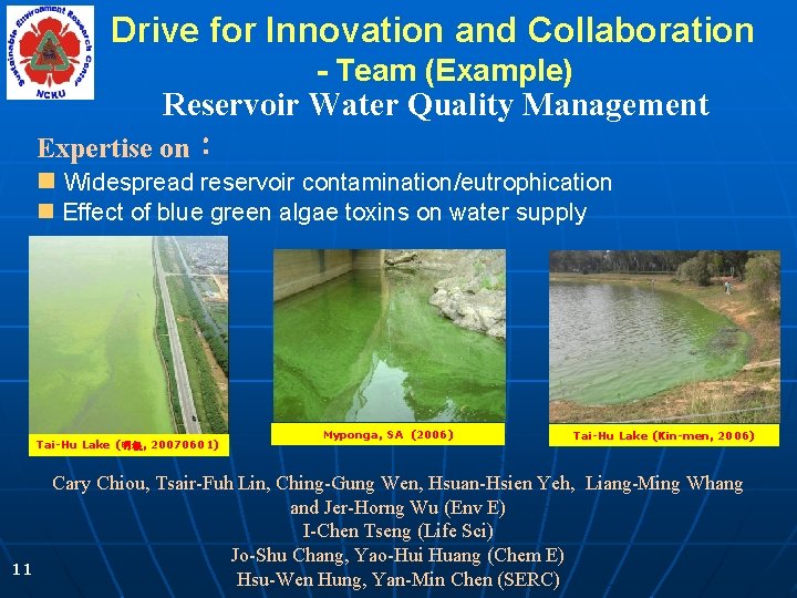 Drive for Innovation and Collaboration - Team (Example) Reservoir Water Quality Management Expertise on：