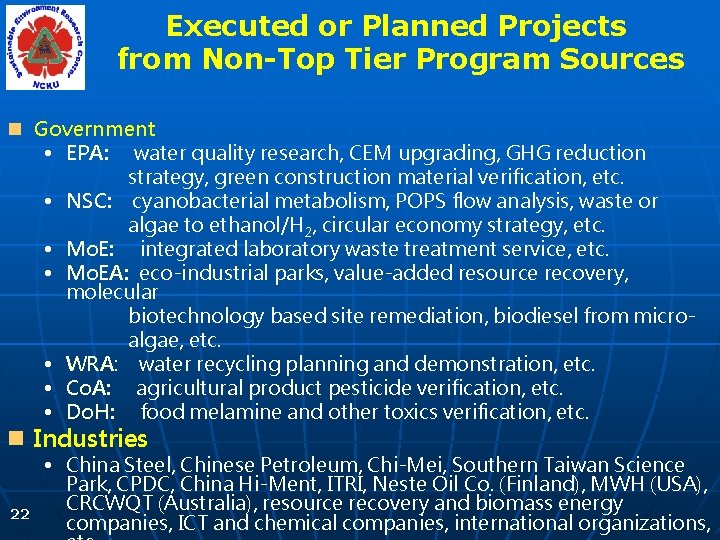 Executed or Planned Projects from Non-Top Tier Program Sources n Government • EPA: water