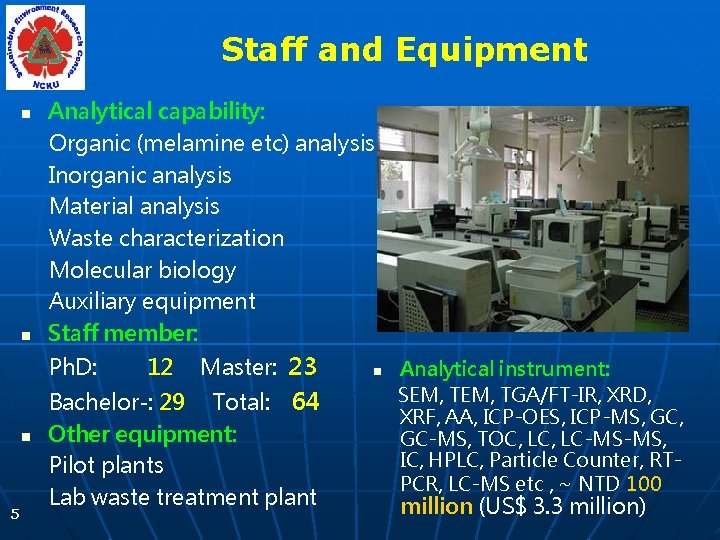Staff and Equipment n n Analytical capability: Organic (melamine etc) analysis Inorganic analysis Material