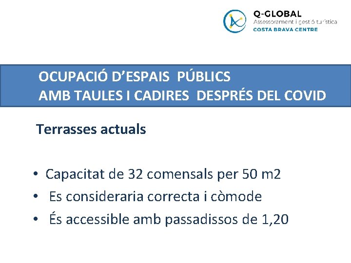 OCUPACIÓ D’ESPAIS PÚBLICS AMB TAULES I CADIRES DESPRÉS DEL COVID Terrasses actuals • Capacitat