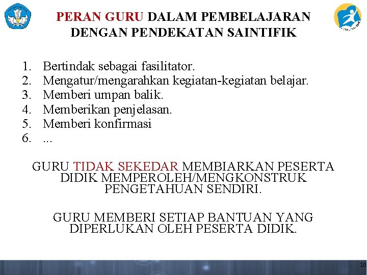 PERAN GURU DALAM PEMBELAJARAN DENGAN PENDEKATAN SAINTIFIK 1. 2. 3. 4. 5. 6. Bertindak