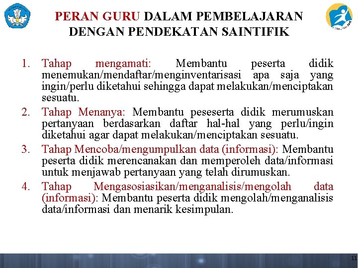 PERAN GURU DALAM PEMBELAJARAN DENGAN PENDEKATAN SAINTIFIK 1. Tahap mengamati: Membantu peserta didik menemukan/mendaftar/menginventarisasi