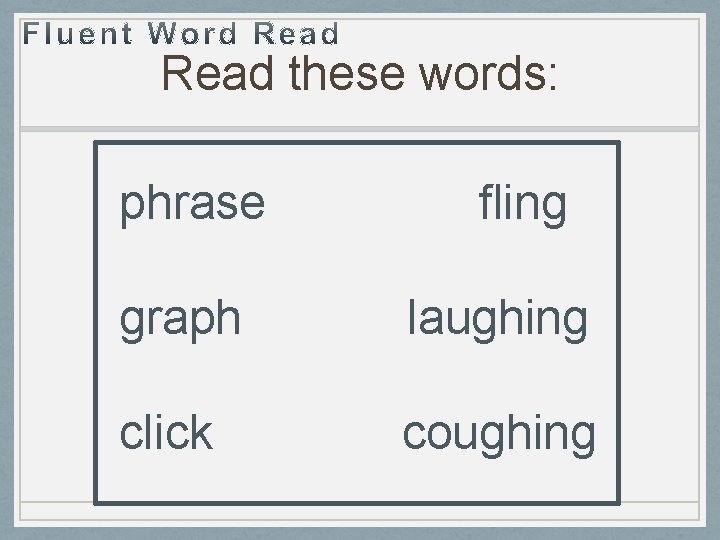 Read these words: phrase fling graph laughing click coughing 